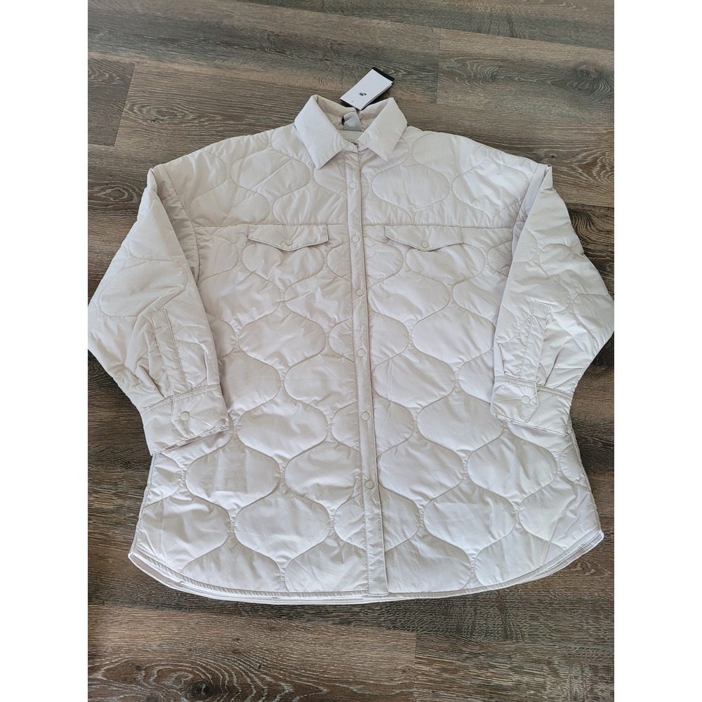 Nike Quilted‎ Shirt Jacket Oversized Button Front Pockets Beige Womens Large #20